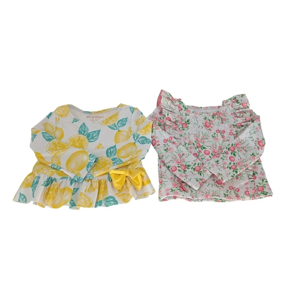 Lot of 2 Rash Guards Toddler Girl 18M Yellow Pink Floral Lemon Swim Cottage Cute